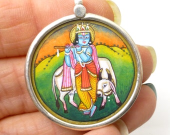 Krishna Hindu Godess Pendant God Sterling Silver 925 Indian India Miniature Painting Focal Bead One of a Kind Rare Jewelry Gold Leaf Flute
