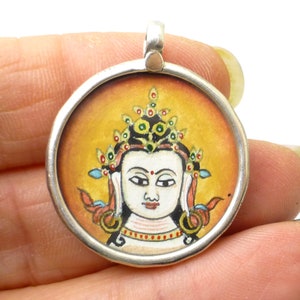 Saraswati Hindu Godess Pendant God Sterling Silver 925 Indian India Miniature Painting Focal Bead One of a Kind Rare Gold Leaf Gems Pink