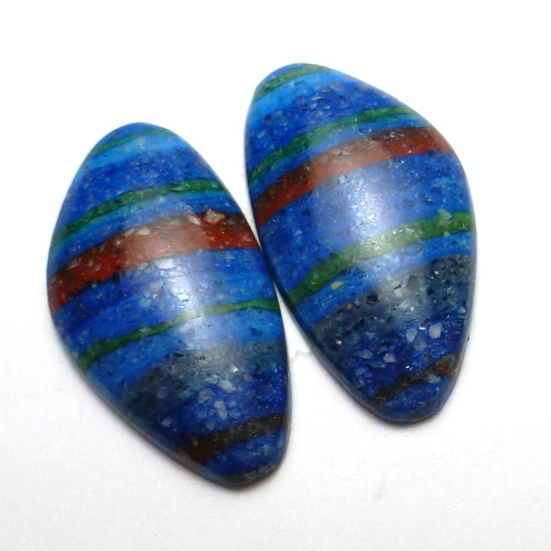 Rainbow Cal Silica Cabochon Pair Two Free Form Beautiful Color Striations Striped False Fordite Designer Handcut Jewelry Red Yellow Red Blue