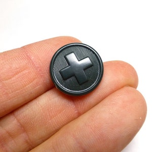 4 Swiss Army Buttons Set of Four -  Vintage New Old Stock Switzerland Military Button Charcoal Grey Round Swiss Cross Sewing Bakelite 1971