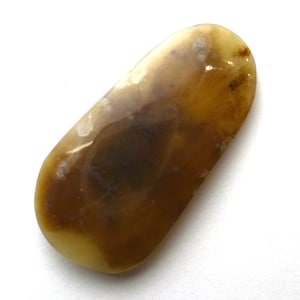 May include: A polished, oblong gemstone with a mix of golden-yellow and brown hues. The stone has a smooth, glossy surface and a dark, central area, with lighter, translucent patches. The overall shape is rounded, suggesting a tumbled or polished finish.