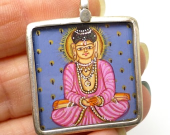 Buddha Pendant Miniature Painting Sterling Silver 925 Indian India Focal Bead One of a Kind Rare Jewelry Gold Leaf Seated Buddha Gemstones