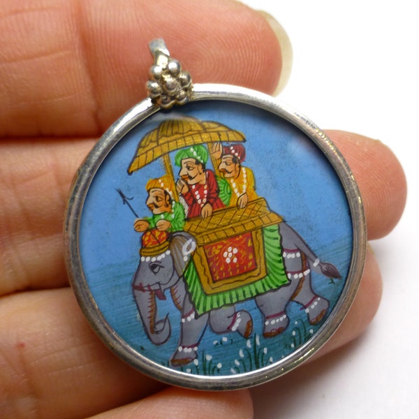 Three Blind Men Elephant Hindu Pendant Sterling Silver 925 Indian India Miniature Painting Focal Bead One of a Kind Rare Ganesh God