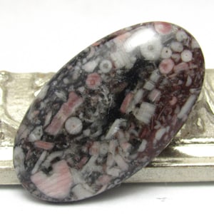 Puede incluir: Una piedra preciosa ovalada con una superficie pulida. La piedra presenta un mosaico de colores, incluyendo negro, blanco y tonos de rosa y rojo. El patrón es intrincado, con varias formas y texturas visibles en toda la piedra.