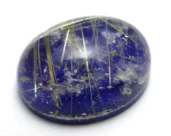 4.290 Carats Rutilated Quartz Lapis Lazuli Doublet Cabochon Bright intense Deep Blue backing with Rich golden rutile strands in Quartz