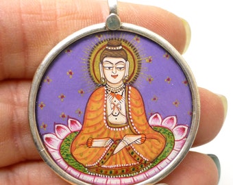 Buddha Pendant Miniature Painting Sterling Silver 925 Indian India Focal Bead One of a Kind Rare Jewelry Gold Leaf Seated Buddha Gemstones