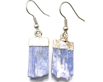 Kyanite Earrings Silver Plated Electroforming Sterling Silver Ear wires Reflective Blue Cornflower Raw Rough Crystal Something Blue