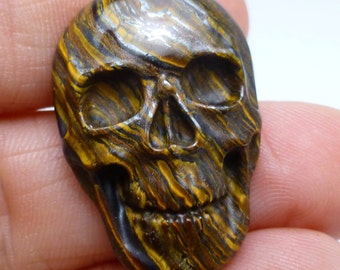 32 Carats Tiger Eye Hematite Cabochon Skull Opaque Handmade Carved Halloween Day of the Dead Biker One of a kind Carving
