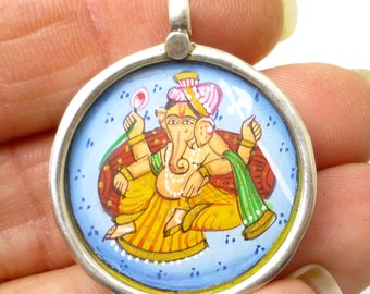 Seated Ganesh Ganesha Pendant Sterling Silver 925 Ready for Making Jewelry Miniature Painting Elephant India Indian Handmade Gems Hinduism