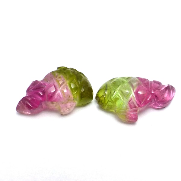 3.145 Carats Tourmaline Fish Cabochons Pair Two Tri Color Watermelon Handmade Carved Carved on Both Sides Perfect for a Ring Pink Green Ruby