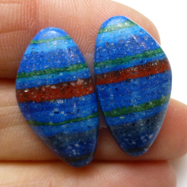Rainbow Cal Silica Cabochon Pair Two Free Form Beautiful Color Striations Striped False Fordite Designer Handcut Jewelry Red Yellow Red Blue