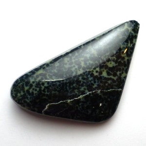 May include: A polished, triangular gemstone with a speckled pattern in shades of green and black. The stone has a glossy finish and a smooth, rounded edge. The overall shape is reminiscent of a teardrop or a stylized leaf.