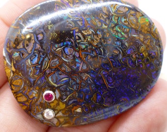 97.255 Carats Large Koroit Yowah Nut Australian Boulder Opal Cabochon Veining Oval One of a kind Rare Lisajoy Sachs with Ruby and Sapphire