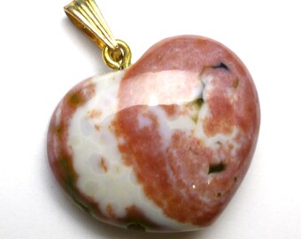Ocean Jasper Focal Bead Cabochon Heart Shaped Hand Cut Designer One of a Kind Pink Cream Black Modeling LARGE With Bail Stringing Jewelry