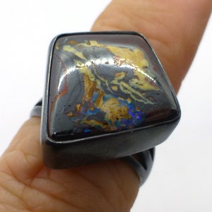 Australian Queensland Koroit Yowah Boulder Opal Ring Size 8 Oxidized Black Sterling Silver One of a Kind Handmade Lisajoy Sachs Design
