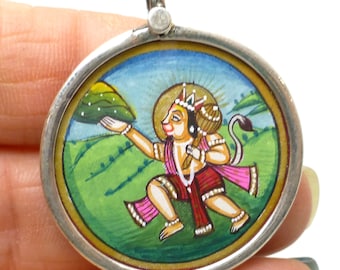 Krishna Hindu Godess Pendant God Sterling Silver 925 Indian India Miniature Painting Focal Bead One of a Kind Rare Jewelry Gold Leaf Flute