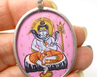 Lord Shiva Hindu God Pendant Sterling Silver 925 Indian India Miniature Painting Focal Bead One of a Kind Rare Jewelry Gold Gems Snake Pink