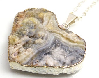 Druzy Heart Pendant Necklace Bead Agate Silver Electroplate Electroform Chalcedony Valentine Love Crystals