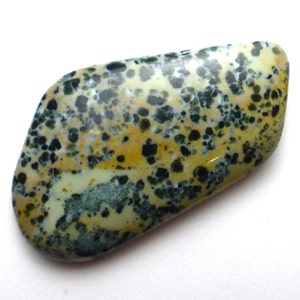 May include: A smooth, polished stone with a unique pattern of black, green, and yellow spots. The stone has a natural, organic shape.