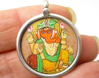 Seated Ganesh Ganesha Pendant Sterling Silver 925 Ready for Making Jewelry Miniature Painting Elephant India Indian Handmade Gems Hinduism