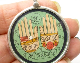 Mehndi Hands Hindu Hinduism Pendant Sterling Silver 925 Indian India Miniature Painting Focal Bead One of a Kind Jewelry Gold Leaf Paint