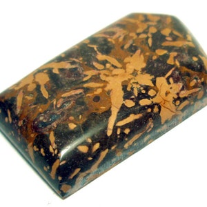 May include: A brown and tan cabochon with a unique pattern of brown and tan swirls and spots. The cabochon is cut in a rectangular shape with rounded edges.