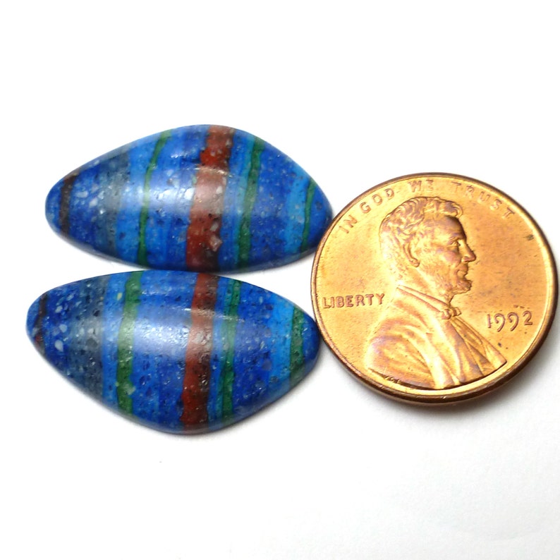 Rainbow Cal Silica Cabochon Pair Two Free Form Beautiful Color Striations Striped False Fordite Designer Handcut Jewelry Red Yellow Red Blue