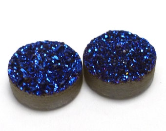 6 Carats Cobalt Blue Druzy Cabochon Quartz Pair Perfect Earrings Royal Round Set Titanium Iridized Opalescent Jewelry Dyed Color Enhanced