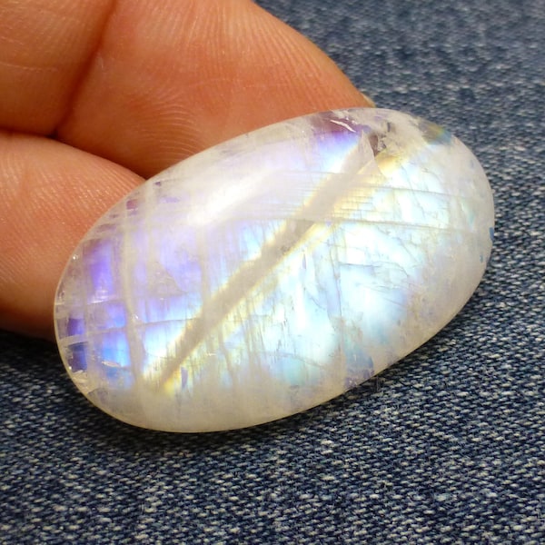 33.905 Carats Rainbow Moonstone Cabochon Oval  Quality  Blue Schiller Reflective Translucent Jewelry Designer Hand Made One of a Kind Rare