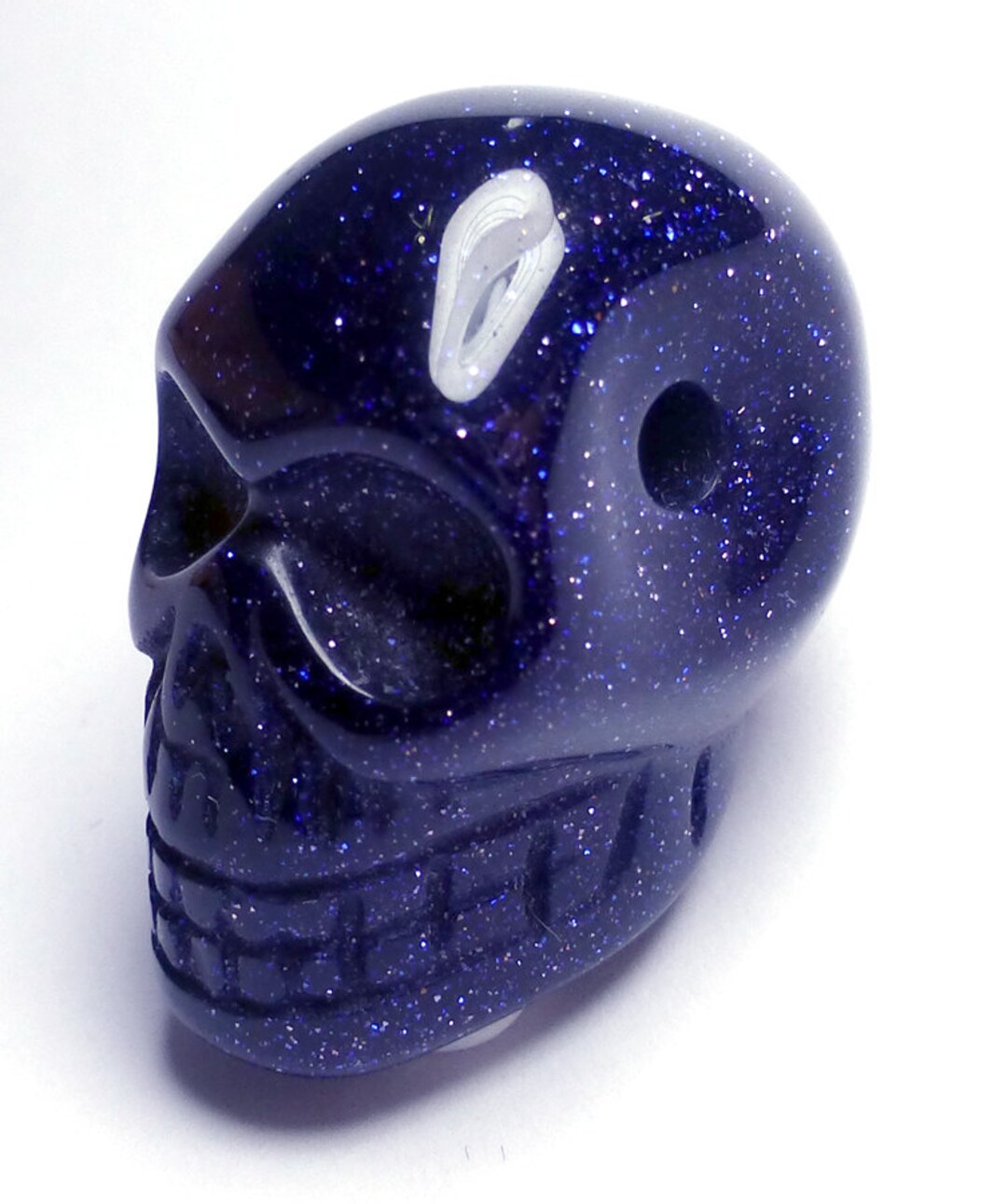 Skull Bead Navy Blue Goldstone Hand Carved 2mm Hole Ready to String Day of the Dead Blue