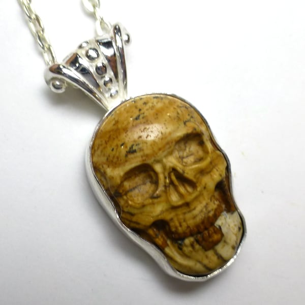 Skull Pendant Necklace Chinese Painting Jasper Carved Biker Rocker Jewelry Man Mens Masculine Lisajoy Sachs Design One of a Kind Rare Oddity