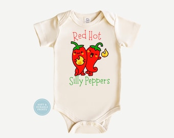 Red Hot Silly Peppers Newborn Baby Onesie | Funny Rock Band Bodysuit for Stylish and Comfortable Unisex Babies | Perfect Baby Shower Gift