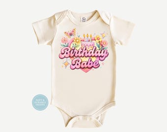 Birthday Babe Baby Outfit | First Birthday Girl Onesie, Toddler Shirt & Bib | Retro Pink Floral 1st Birthday Gift