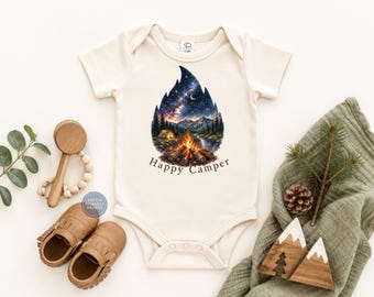 Happy Camper Camping Baby Onesie, Toddler Shirt & Bib | Watercolor Campfire Night Sky Outfit | Camping Baby Shower Gift | Outdoor Adventure