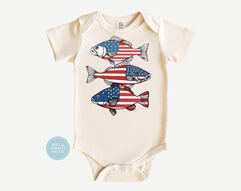 Patriotic Fishing Baby Onesie | American Flag Fish Bodysuit | 4th of July Baby Outfit | Fishing Baby Shower Gift