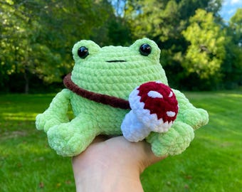 Frog with Mushroom Plushie - Handmade Crocheted Item