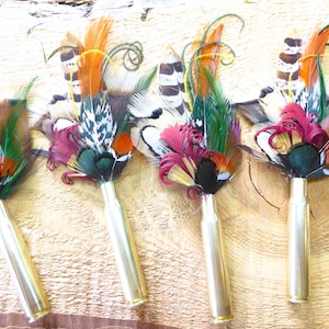 Rifle Brass Bullet Casing, Feather Boutonnière, Pheasant, Turkey, Duck, Pampas, Eucalyptus, Wedding, Retirement, Funeral, Prom
