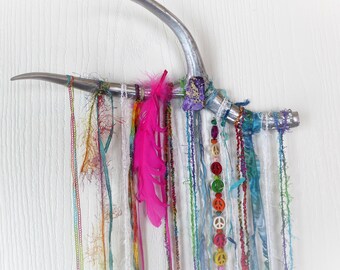 PEACE Bohemian HiPPie Genuine Antler Wall Hanging, Antler shed painted silver, Hot pink feather, multi colored fringe thread, Unique Gift