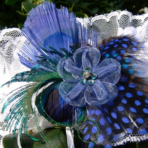 Peacock Shoe Clips, Garter Clip, Purse clip, in royal blue peacock and guinea with jeweled ribbon bow, Something Blue image 4