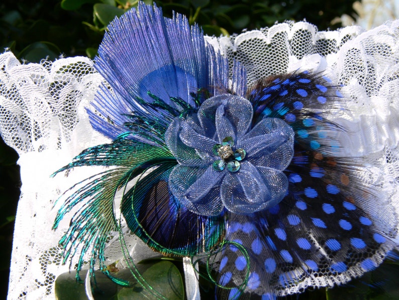 Peacock Shoe Clips, Garter Clip, Purse clip, in royal blue peacock and guinea with jeweled ribbon bow, Something Blue image 4
