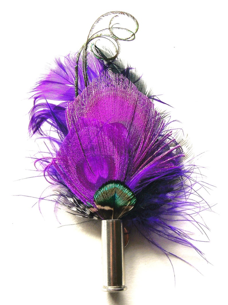 Small Bullet Casing Boutonnière pin, Peacock Pheasant and Turkey feather, choice of colors and casing, Wedding, Anniversary, Pallbearer image 3