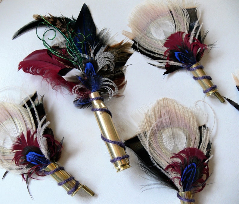 Small Bullet Casing Boutonnière pin, Peacock Pheasant and Turkey feather, choice of colors and casing, Wedding, Anniversary, Pallbearer image 9