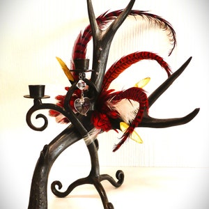 Gothic Antler Candle Holder: Red Pheasant & Crystal Accent Centerpiece