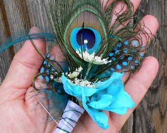 Peacock Feather Boutonniere in your choice of colors, feathers and ribbon for Wedding, Prom, Birthday, Special Occasion