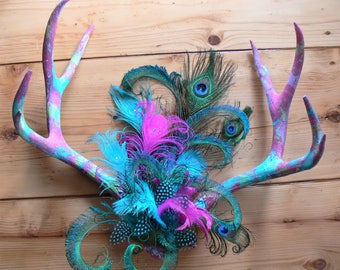 Whimsical REAL Antlers, FUNctional Antler Art, painted antlers, Jewelry hanger, Fuchsia, Turquoise, and Lime with Peacock, matching Feathers