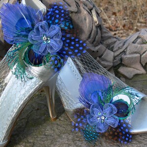 Peacock Shoe Clips, Garter Clip, Purse clip, in royal blue peacock and guinea with jeweled ribbon bow, Something Blue image 5