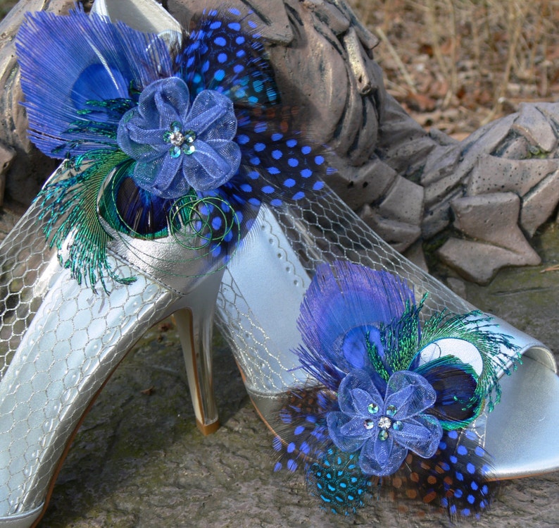 Peacock Shoe Clips, Garter Clip, Purse clip, in royal blue peacock and guinea with jeweled ribbon bow, Something Blue image 5