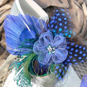 Peacock Shoe Clips, Garter Clip, Purse clip, in royal blue peacock and guinea with jeweled ribbon bow, Something Blue image 3