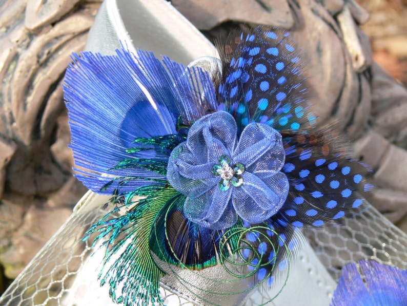 Peacock Shoe Clips, Garter Clip, Purse clip, in royal blue peacock and guinea with jeweled ribbon bow, Something Blue image 3