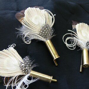 Small Bullet Casing Boutonnière pin, Peacock Pheasant and Turkey feather, choice of colors and casing, Wedding, Anniversary, Pallbearer image 2